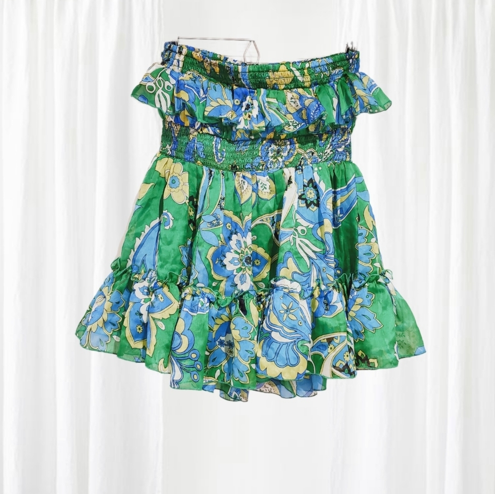 100٪ Silk Y2K BEBE Flounce Pleated Paisley Jacquard Strapless Flutter Top